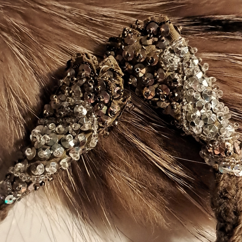 Fox Fur Collar Unisex Fleece Lined Warm Upcycled Beads Sequins Wool Ties OOAK - Picture 3 of 10